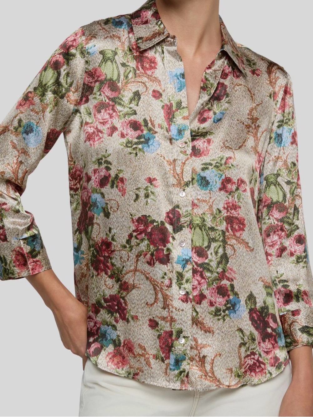 Dani Floral Tapestry Print Three-Quarter Sleeve Silk Button-Up Shirt -NWT -S